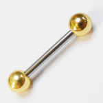Штанга 14 мм с золотистыми шариками 5 мм, толщиной 1,6 мм для пирсинга языка. Медицинская сталь, золотое покрытие. 1 шт