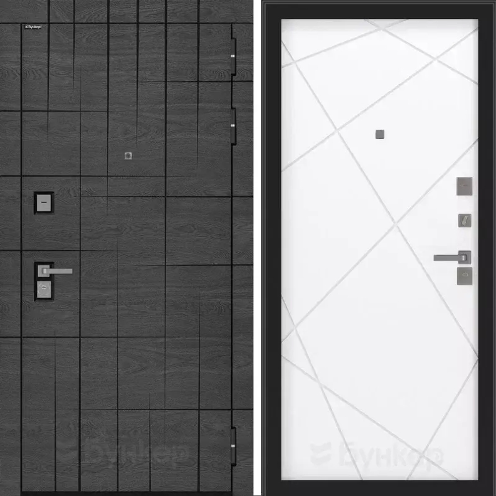 Входная металлическая дверь с зеркалом Бункер BN-09 Дуб майдера горизонт с черной патиной/ ФЛ- 291 белый софт (белый матовый, без текстуры)