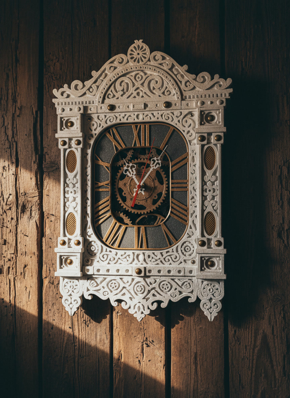 Часы WOODandROOT «Автоматон Вологда» на тёмной деревянной стене мастерской, с объёмной резьбой и тёплым солнечным светом на лицевой панели.