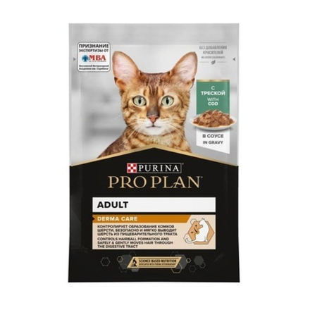 ProPlan 85г пауч NutriSavour Elegant Влажный корм для взрослых кошек с чувствительной кожей Треска (соус)