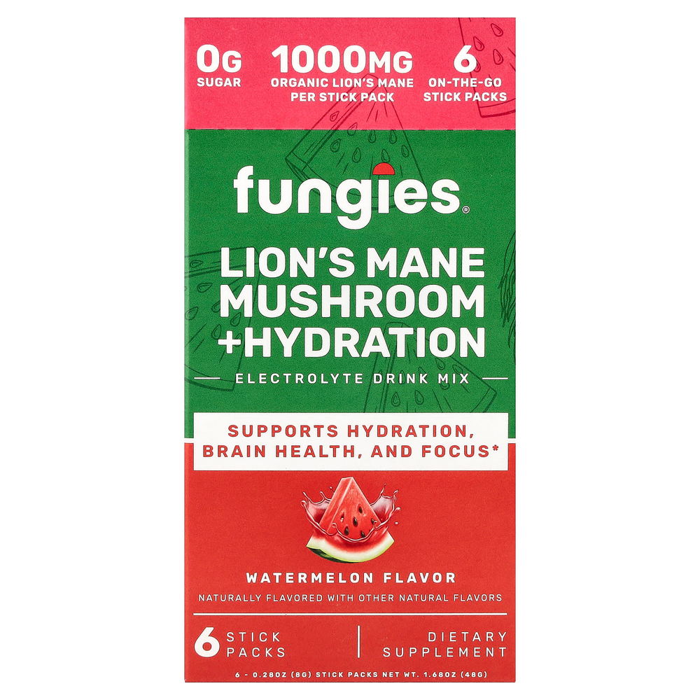 Fungies, ежовик гребенчатый, гриб, гидратация, смесь для приготовления электролитического напитка, арбуз, 6 пакетиков по 8 г (0,28 унции)