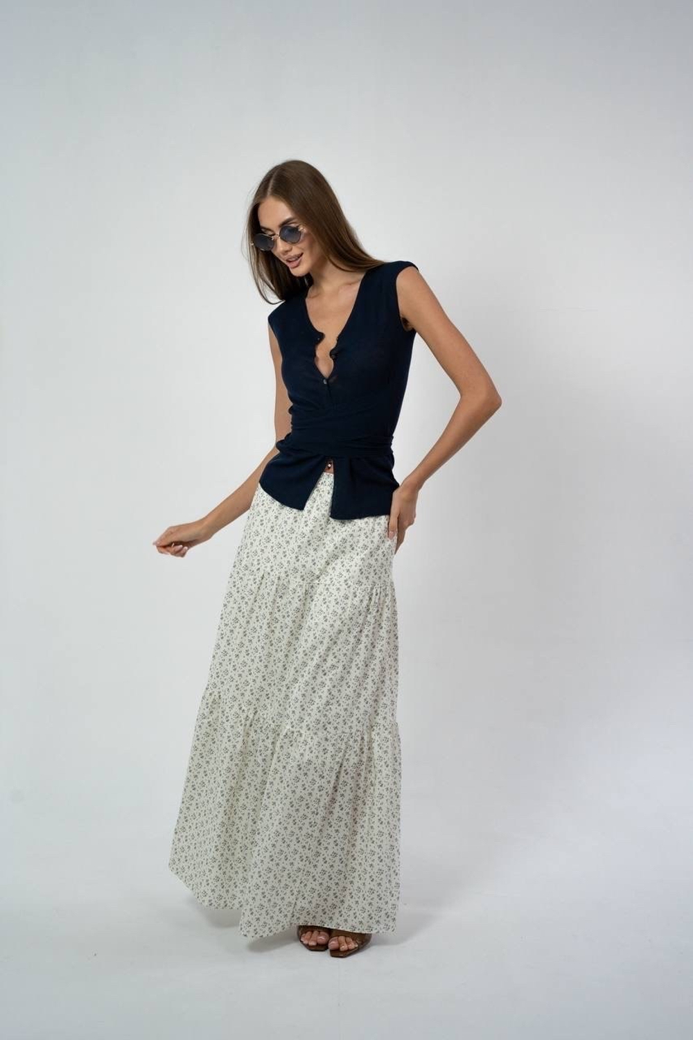 Юбка из хлопка ярусная в мелкий цветочек в макси длине