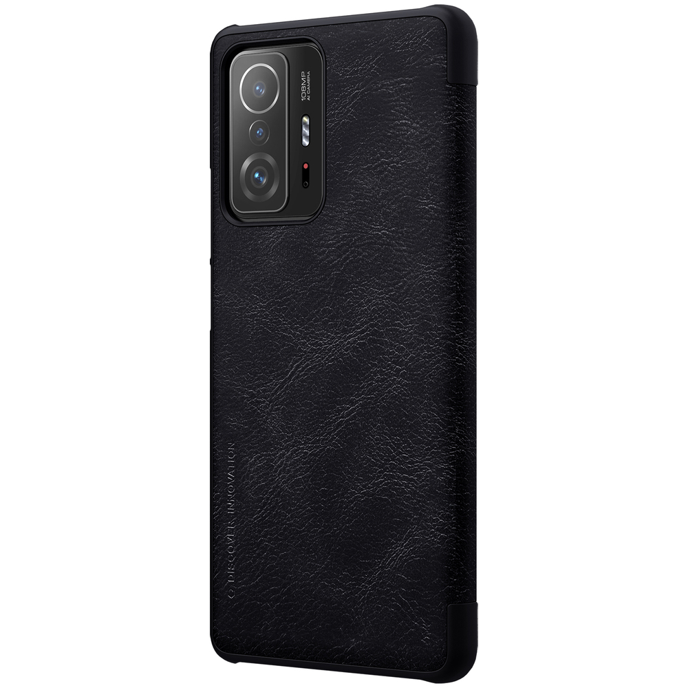 Кожаный чехол книжка от Nillkin для смартфона Xiaomi 11T и 11T Pro, черный цвет, серия Qin Leather