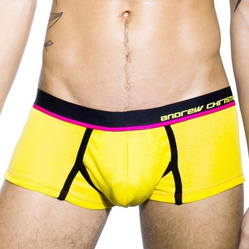 Мужские трусы боксеры желтые Andrew Christian Glow Yellow Boxer с тонкой лиловой полоской  AC86