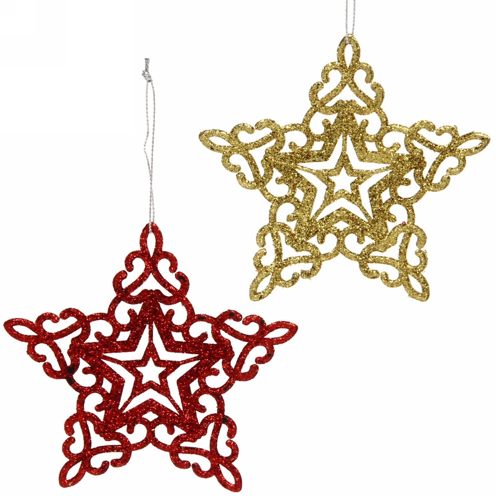 Подвески в блестках «Звездочки кружевные» 10 см (набор 2шт), красный/золото