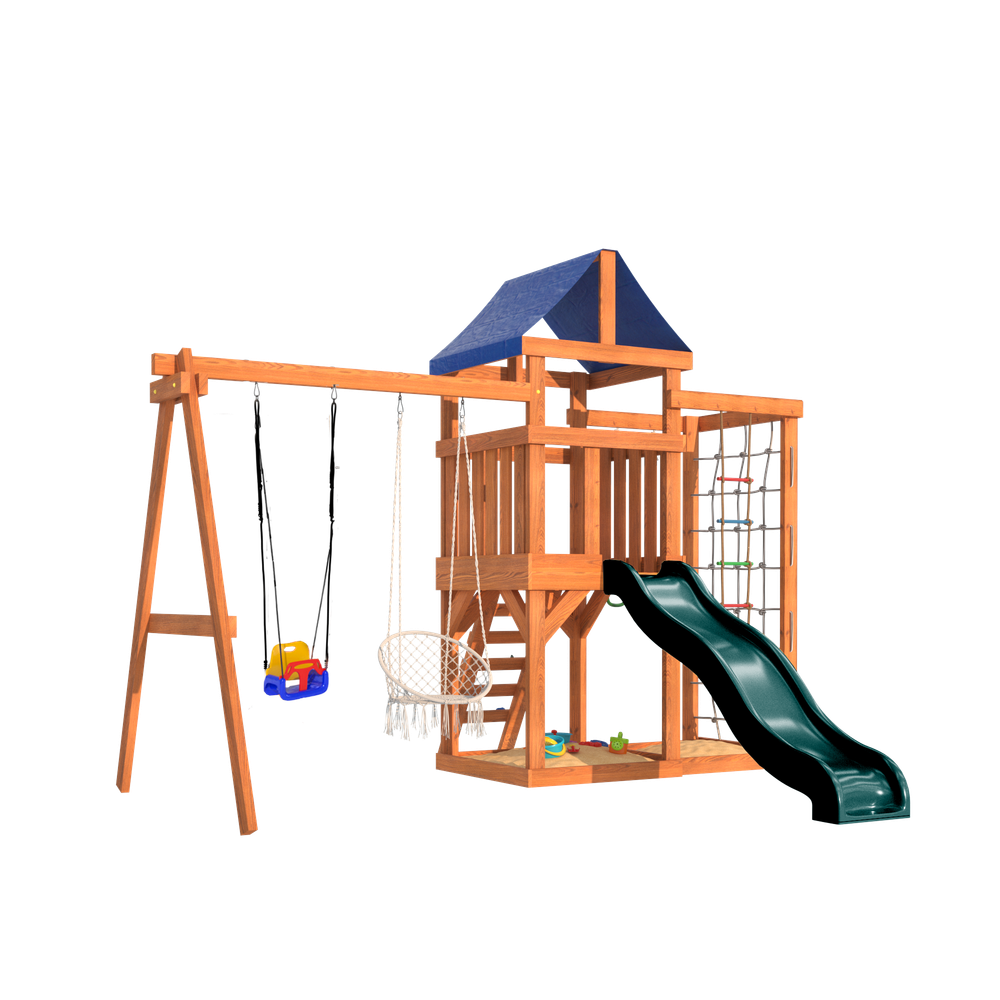 Детская площадка с сеткой стенкой для лазания, качелями 3 в 1 и плетенным креслом