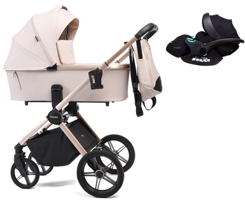 Детская коляска Peppy Monaco 3 в 1 с автокреслом Verona Black Beige (бежевый), рама беж, шлифованный алюминий