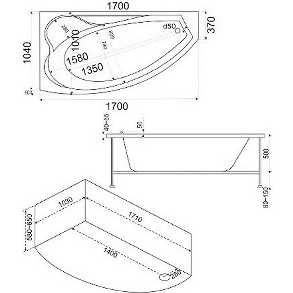 Акриловая ванна Bas (Бас) Николь 170х105 L, с каркасом