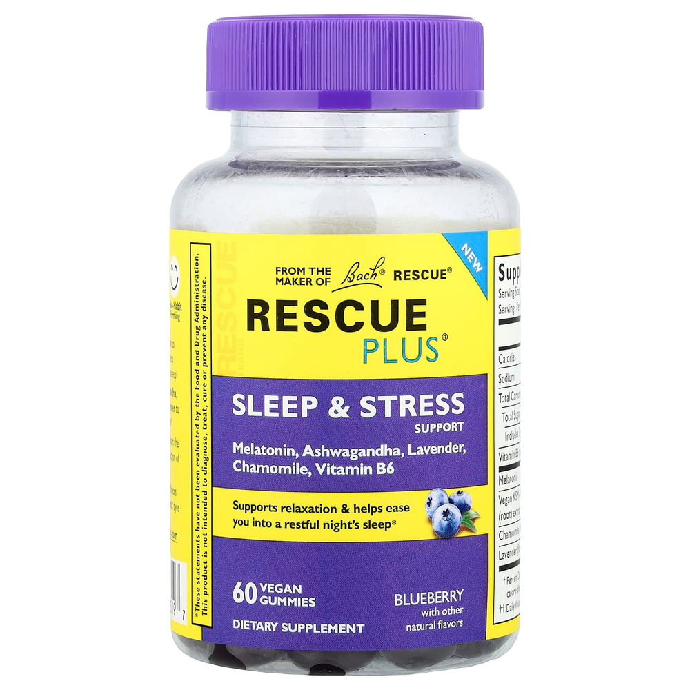 Bach, Rescue Plus®, жевательные таблетки для поддержки сна и стресса, со вкусом голубики, 60 веганских жевательных таблеток