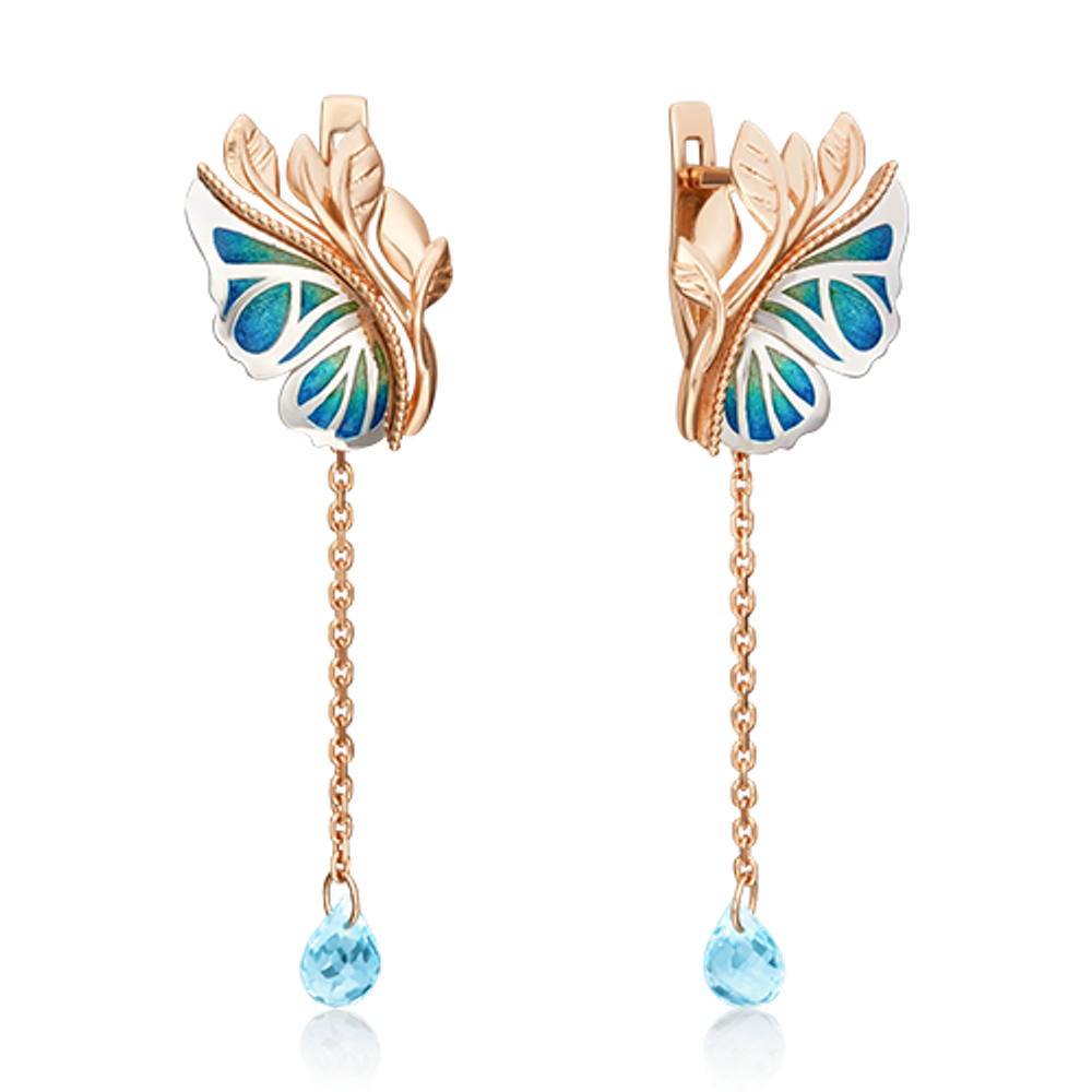 Серьги «Крылья бабочки» (пожелание здоровья) с английским замком из комбинированного золота с топазом и эмалью