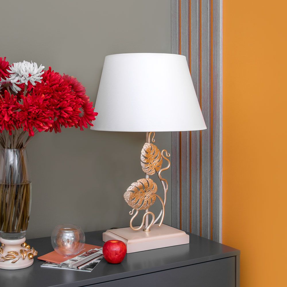 Настольная лампа Monstera Deliciosa (Монстера) Айвори Мраморное золото с абажуром Сити Белый