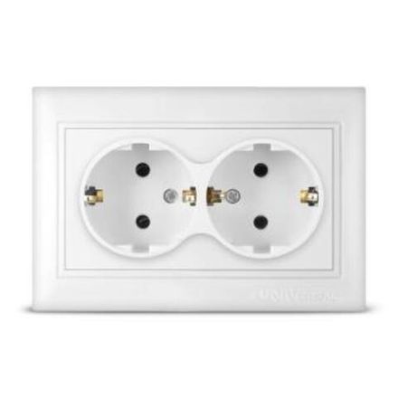 Розетка двухместная "UNIVersal" серия "Севиль" с/з, с/у, 16А, 220В, белая (еврослот) (HU2207)