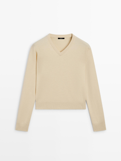 Massimo Dutti Вязаный свитер с V-образным вырезом, ванильный