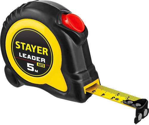STAYER LEADER 5м / 25мм рулетка с автостопом в ударостойком обрезиненном корпусе