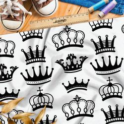 Ткань габардин чёрные короны на бежевом фоне