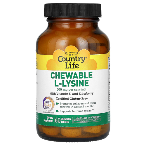 Country Life, жевательный L-лизин с витамином D и бузиной, с насыщенным вкусом апельсина, 60 жевательных таблеток