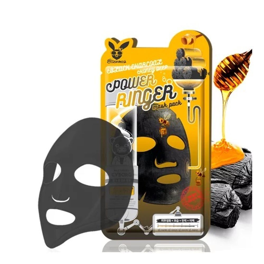 Тканевая маска с древесным углем и медом ELIZAVECCA Black Charcoal Honey Deep Power Ringer Mask Pack