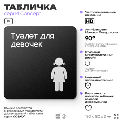Табличка Туалет для девочек, на дверь и стену, навигационная и информационная, серия CONCEPT, 18х18 см, Айдентика Технолоджи