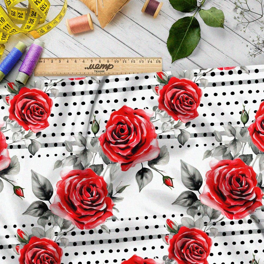 Ткань премиум Оксфорд 600D розы на черном горохе