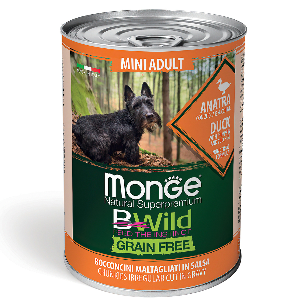Влажный корм Monge Dog BWild GRAIN FREE Mini для взрослых собак мелких пород, беззерновой, из утки с тыквой и кабачками, консервы 400 г - 24 шт
