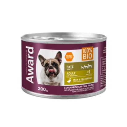 Влажный корм AWARD для взрослых собак паштет из утки с брусникой 200г - 12 шт