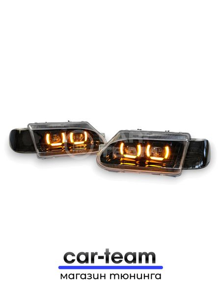 Фары ВАЗ 2113, 2114, 2115 передние с белыми галочками в стиле BMW ver 2.0 c Bi LED модулями, черная маска, тонированные поворотники