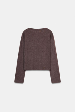 ZARA ФУТБОЛКА С ВЫРЕЗОМ «ЛОДОЧКА» И ДЛИННЫМИ РУКАВАМИ, РЫЖЕВАТО-КОРИЧНЕВЫЙ МЕЛАНЖ