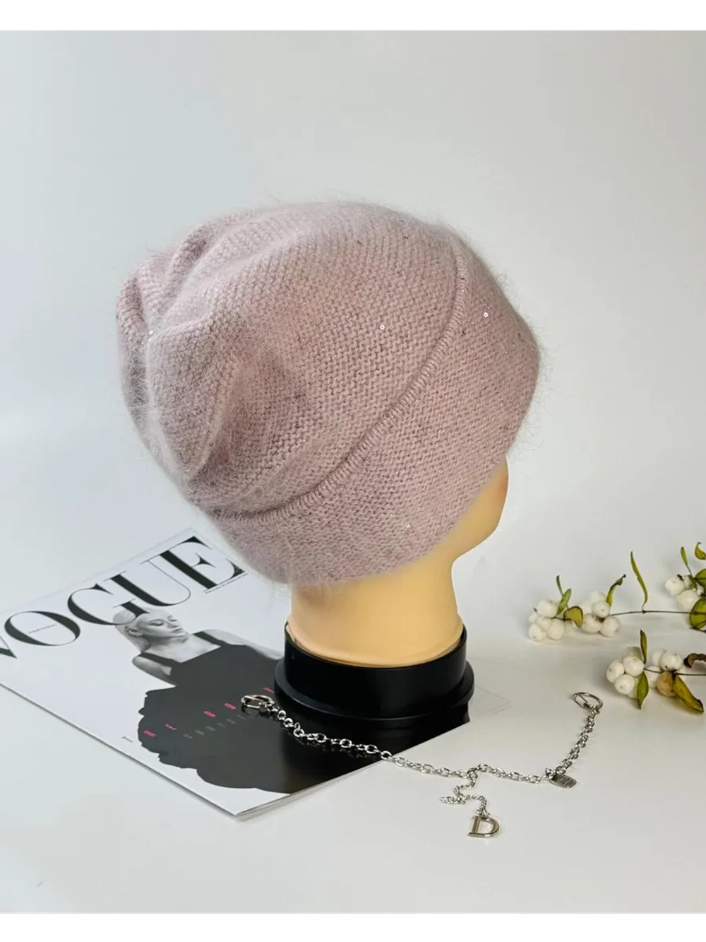 шапка зимняя вязаная ангора с пайетками