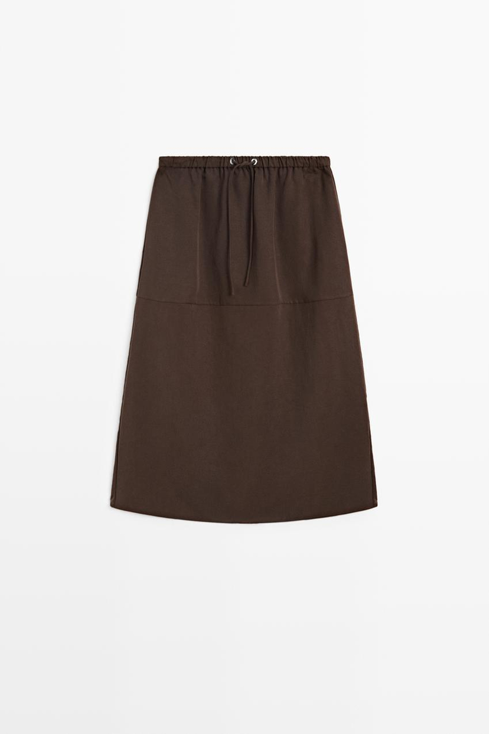 Massimo Dutti Струящаяся юбка миди на шнуровке, коричневый