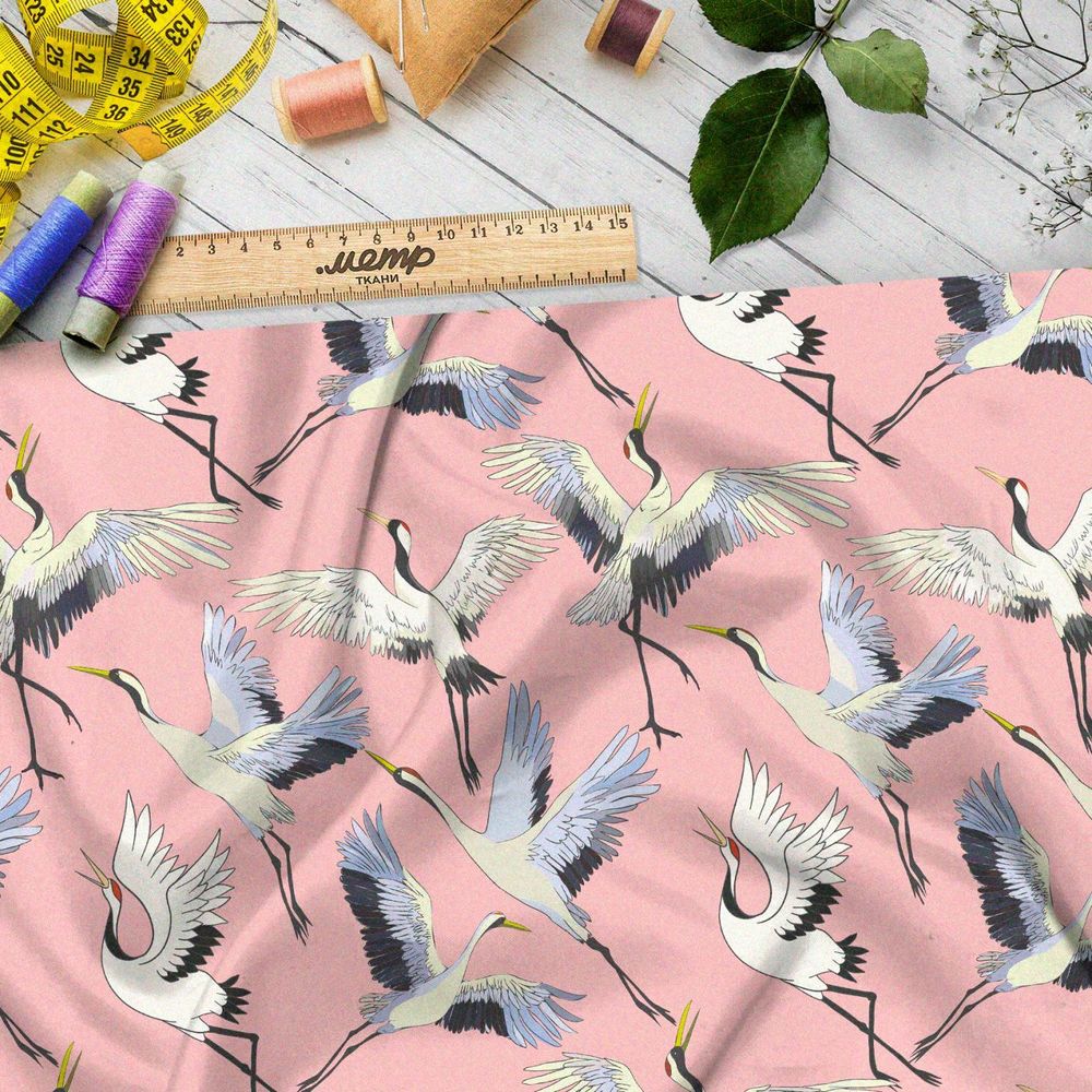 Ткань премиум бифлекс журавли на розовом