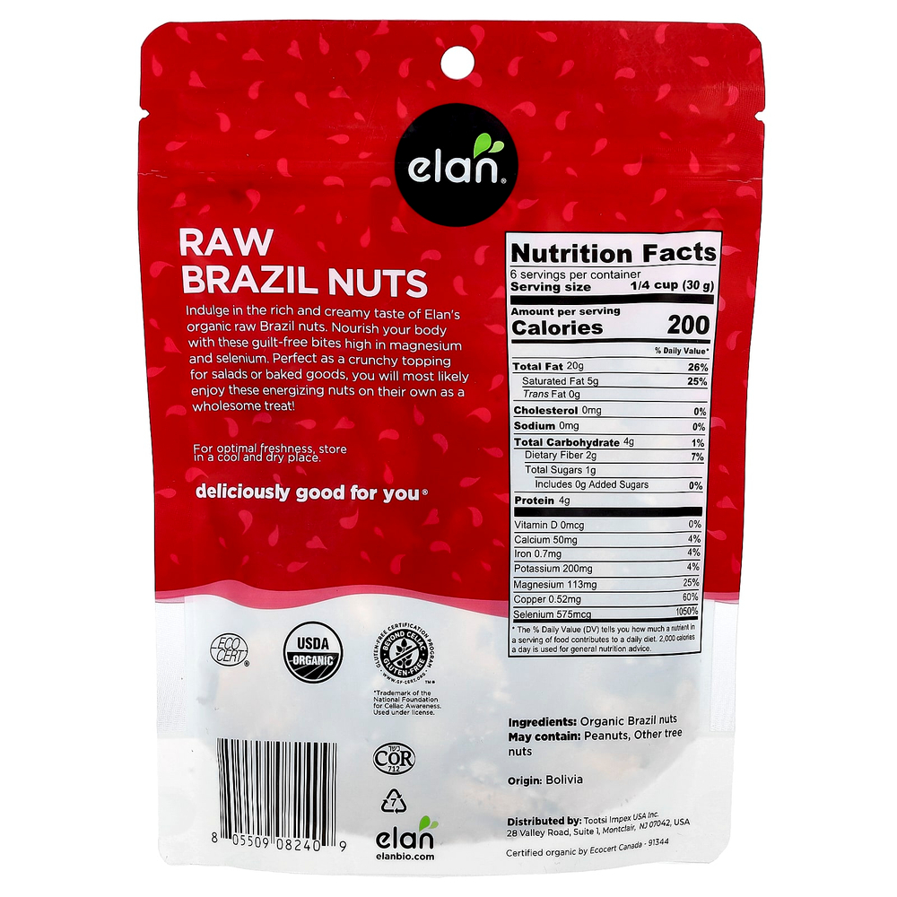 Elan, Органические бразильские орехи, необработанные, 185 г (6,5 унции)