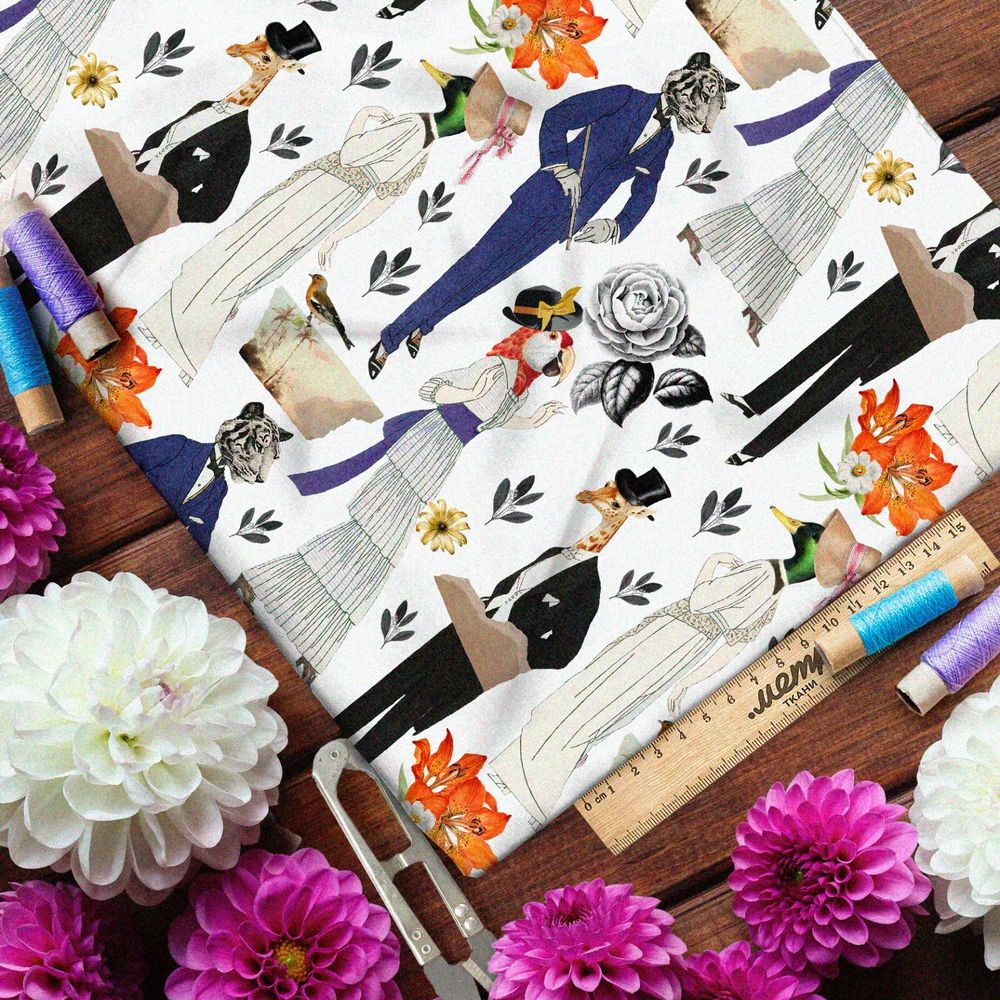 Ткань бифлекс галантные люди с головами животных