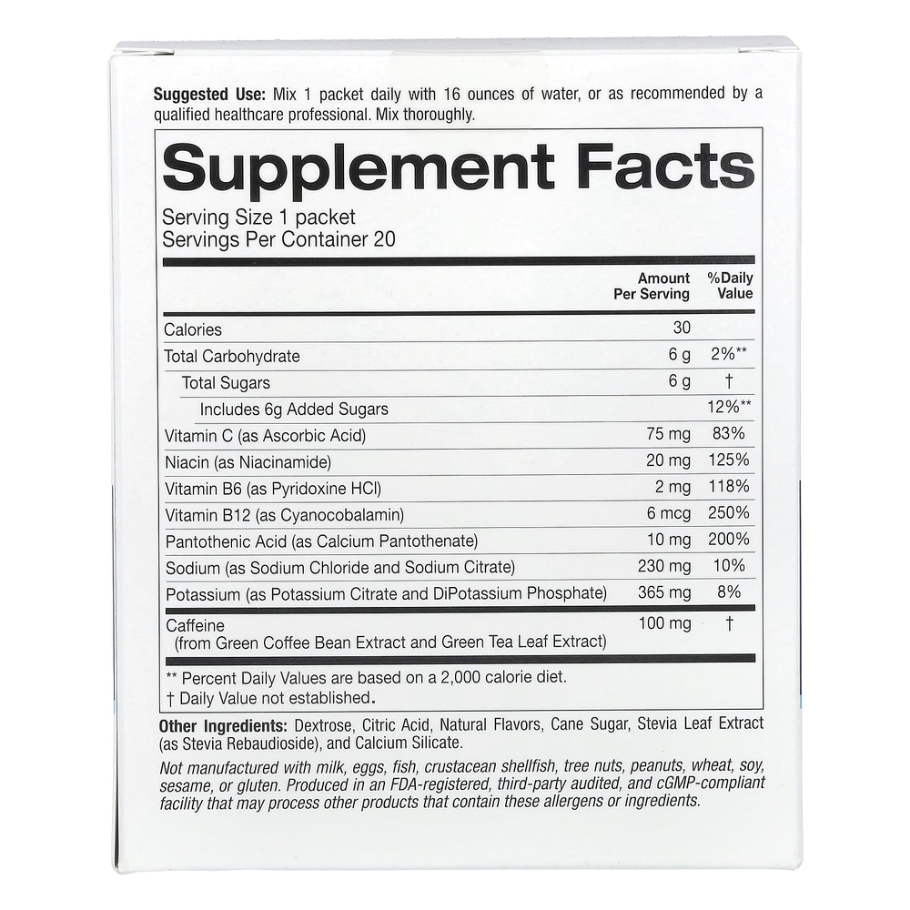 Lake Avenue Nutrition, энергетическая порошковая смесь для приготовления напитка с калием, натрием, кофеином и витамином C, лимон и имбирь, 20 пакетиков по 11,6 г (0,41 унции)