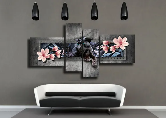 Модульная картина "Пантера и цветы"