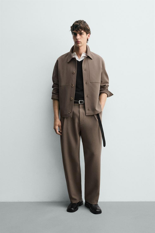 ZARA БРЮКИ RELAXED FIT СО СКЛАДКАМИ, СЕРО-КОРИЧНЕВЫЙ