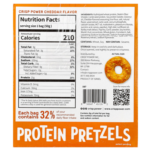 Crisp Power, протеиновые крендели, с чеддером, 6 пакетиков по 50 г (1,75 унции)