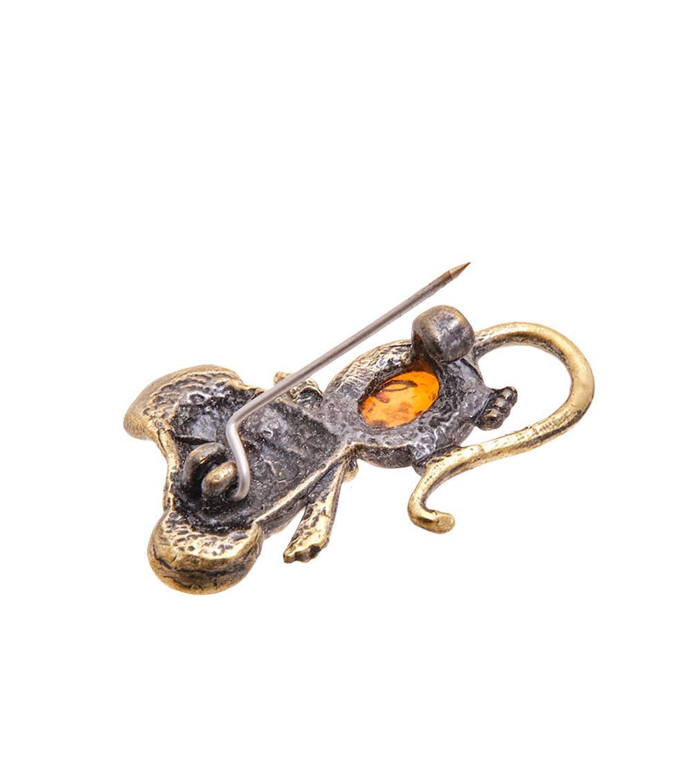 AM-3484 Брошь «Мышка Пищанк» (латунь, янтарь)