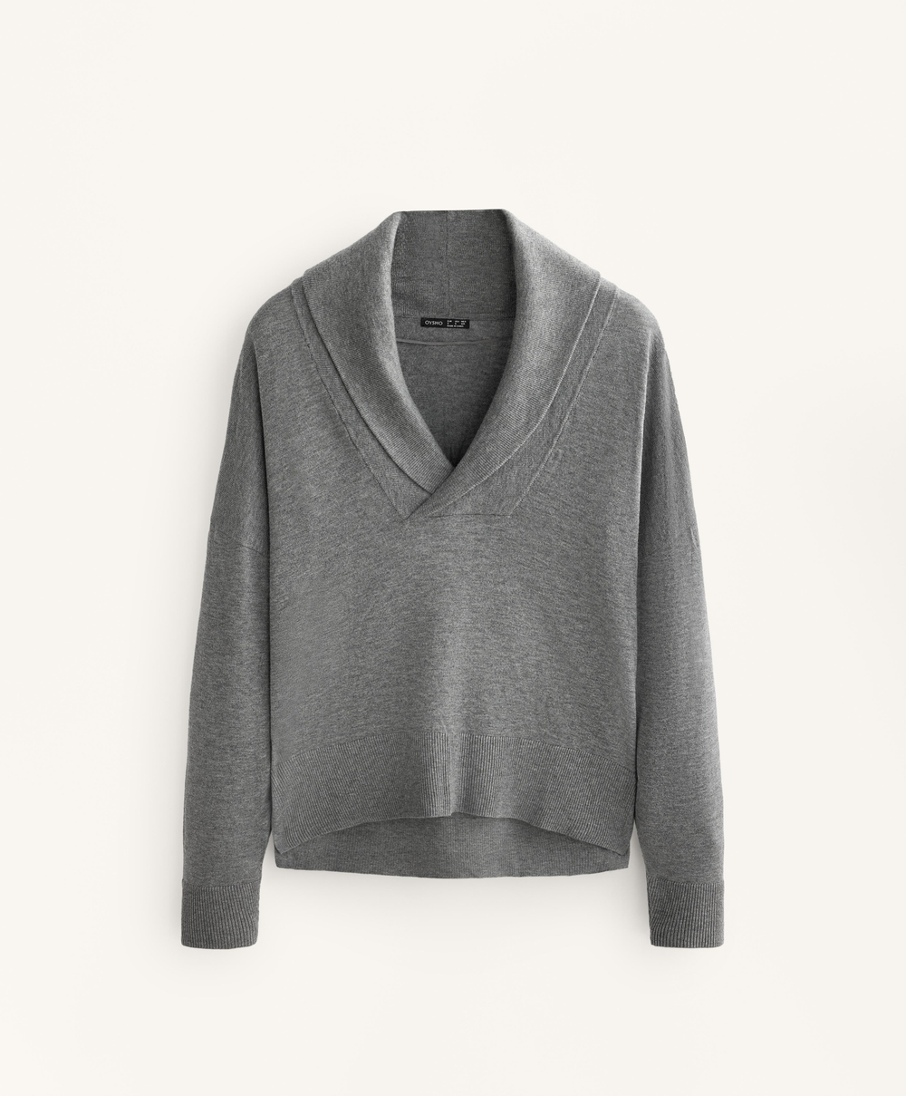 Oysho Джемпер с V-образным вырезом и лацканом, серый меланж