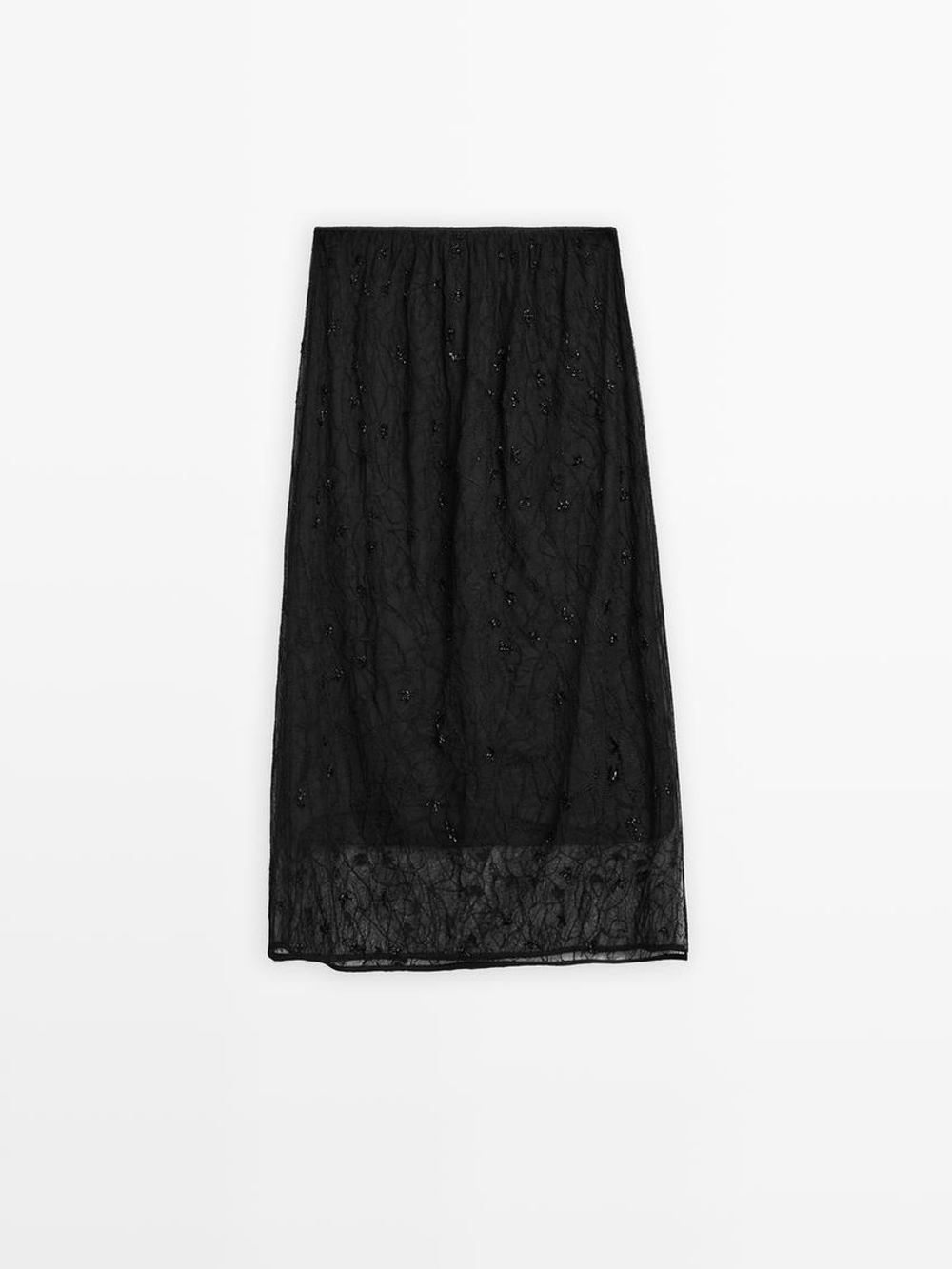 Massimo Dutti Юбка миди из полупрозрачной ткани со стразами, черный