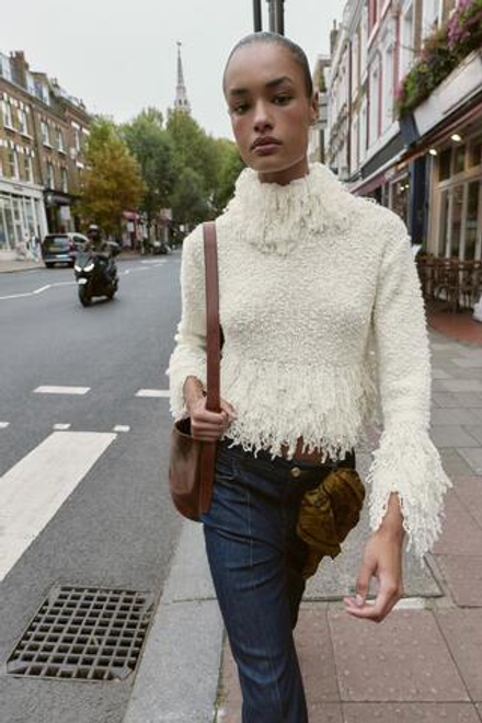 ZARA ТРИКОТАЖНЫЙ СВИТЕР С БАХРОМОЙ, ЭКРЮ