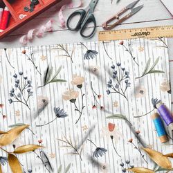 Ткань мембрана акварельные цветы на белом фоне в полоску