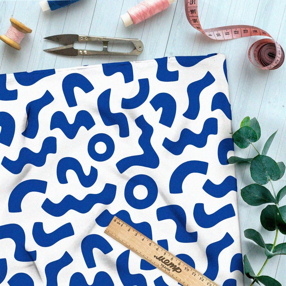 Ткань премиум сатин синие мазки на белом