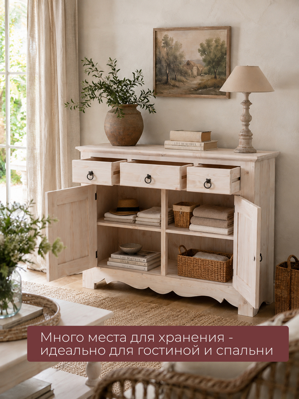 Тумба 125х48х96, Прованс, напольная, с ящиком для вещей, нижняя часть буфета, под витрину, для кухни, массив дерева, белый, Dipriz