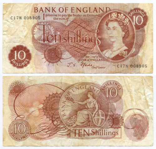 Банкнота Англия 10 шиллингов 1967 год C17N 008905 (подпись J.S.Fforde). F-VF