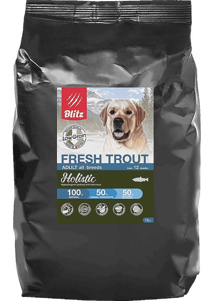 Низкозерновой сухой корм BLITZ Holistic FRESH TROUT для собак, Свежая Форель, Пакет 12 кг Низкозерновой сухой корм BLITZ Holistic FRESH TROUT для собак, Свежая Форель, Пакет 12 кг