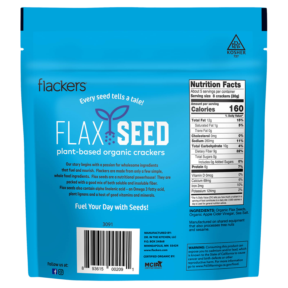 Flackers, крекеры из семян льна, с морской солью, 142 г (5 унций)