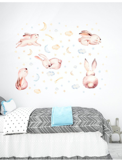 Детские акварельные интерьерные наклейки с зайчиками на стены и мебель