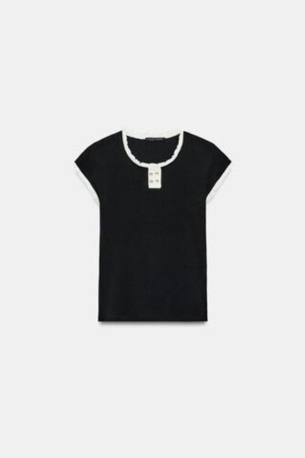 ZARA ТОП С ОКАНТОВКОЙ И ПУГОВИЦАМИ, ЧЕРНЫЙ