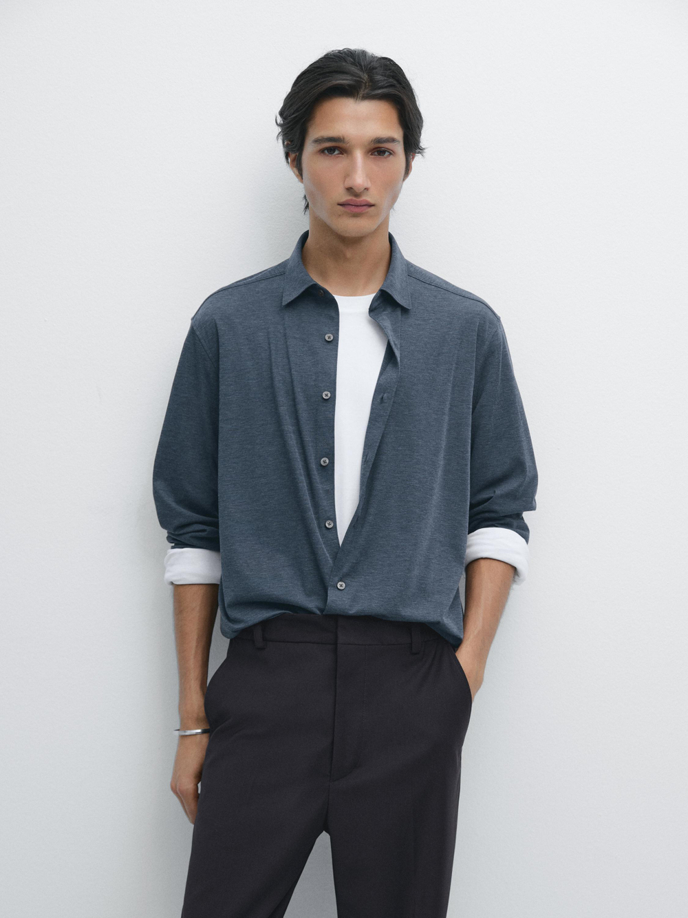 Massimo Dutti Рубашка облегающего кроя из эластичной ткани, темно-синий