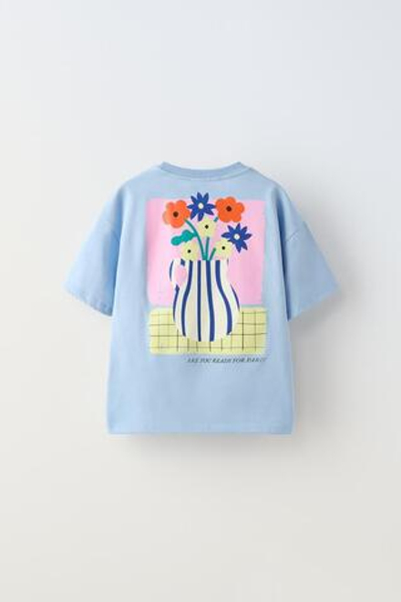 ZARA ФУТБОЛКА С ВЫШИТЫМ ЦВЕТКОМ, СИНИЙ